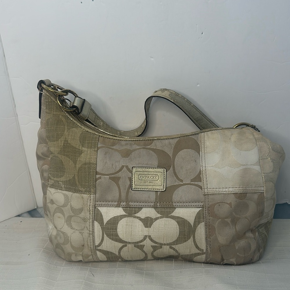 Coach Signature Hobo Bag Canvas Leather Metalic Gold Beige No.C1293-F19195